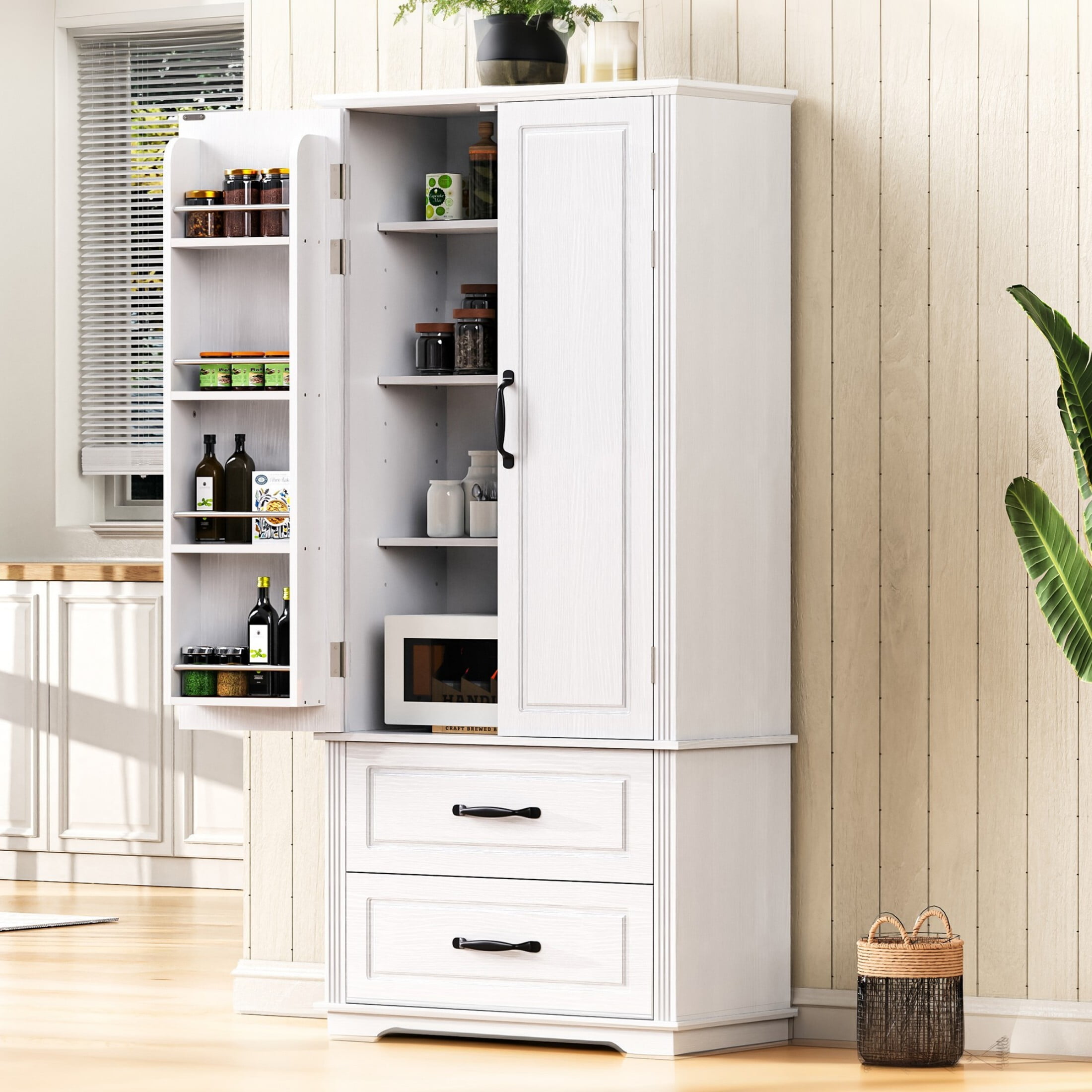 AENKYO 71-inch Farmhouse Kitchen Pantry Cabinet with Adjustable Shelves & Spacious Storage, White Oak