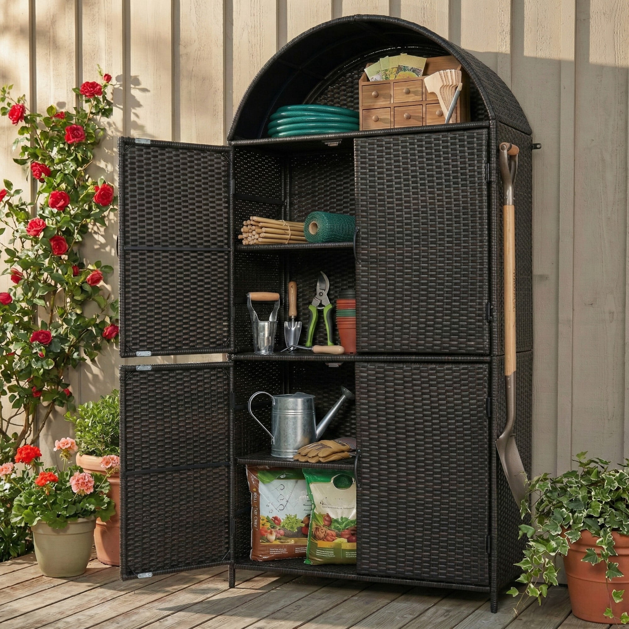 AENKYO 72" Arched Wicker Outdoor Storage Cabinet, Vertical Poolside Towel Holder & Rattan Garden Shed, Black & Brown