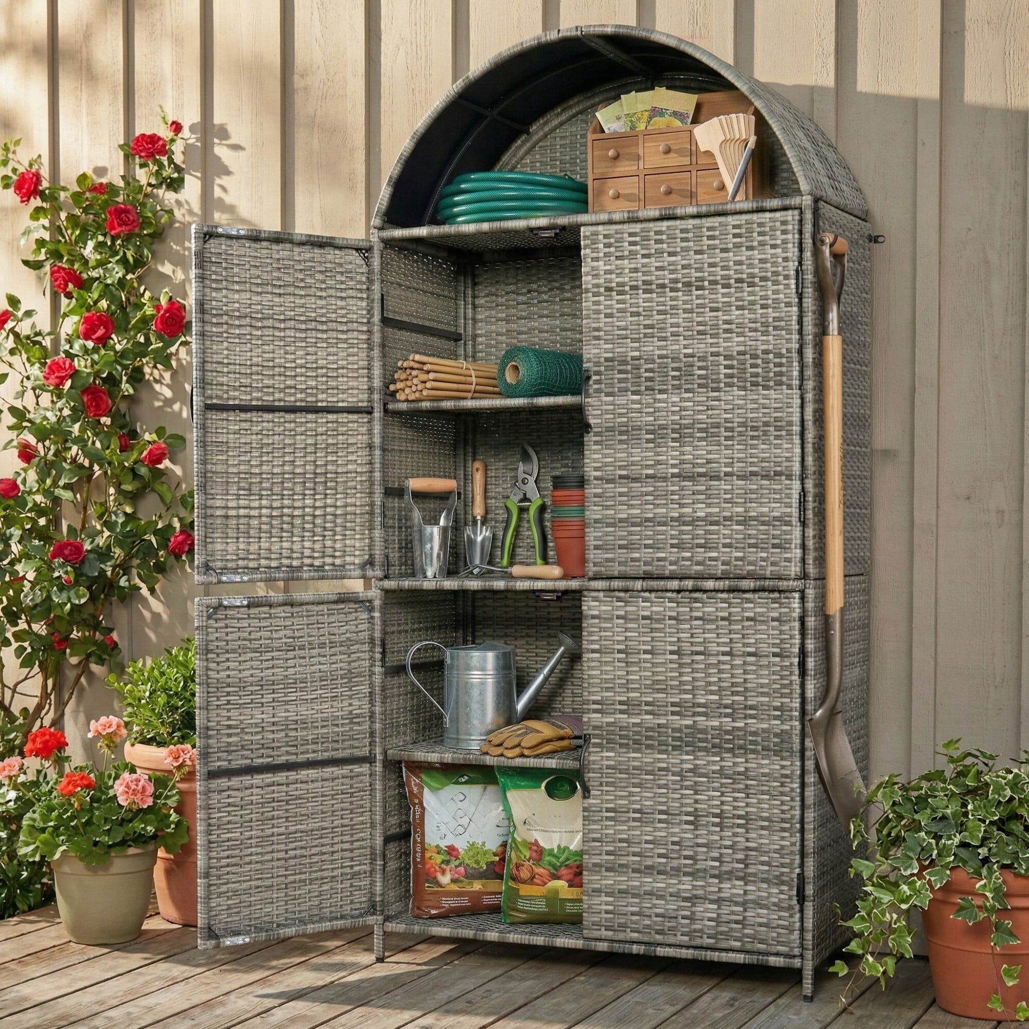 AENKYO 72" Tall Arched Wicker Outdoor Storage Cabinet, Vertical Poolside Towel Holder & Rattan Garden Shed, Gray