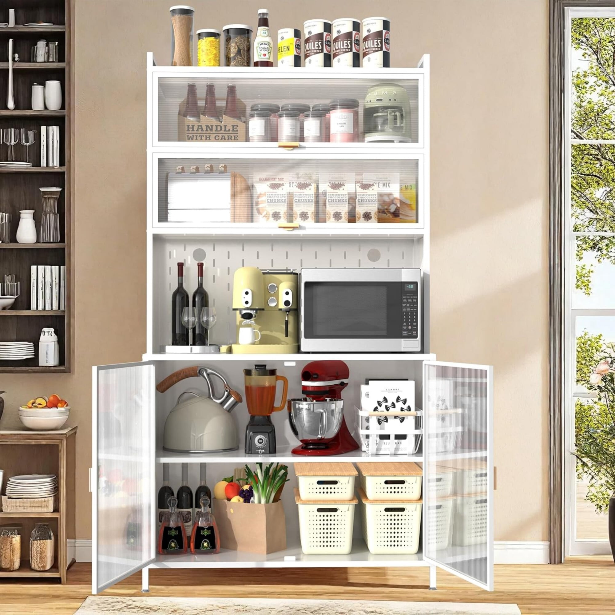 AENKYO 73" 6-Tier Metal Kitchen Pantry Cabinet with Acrylic Flip Doors, Steel Food Storage Organizer Hutch, White