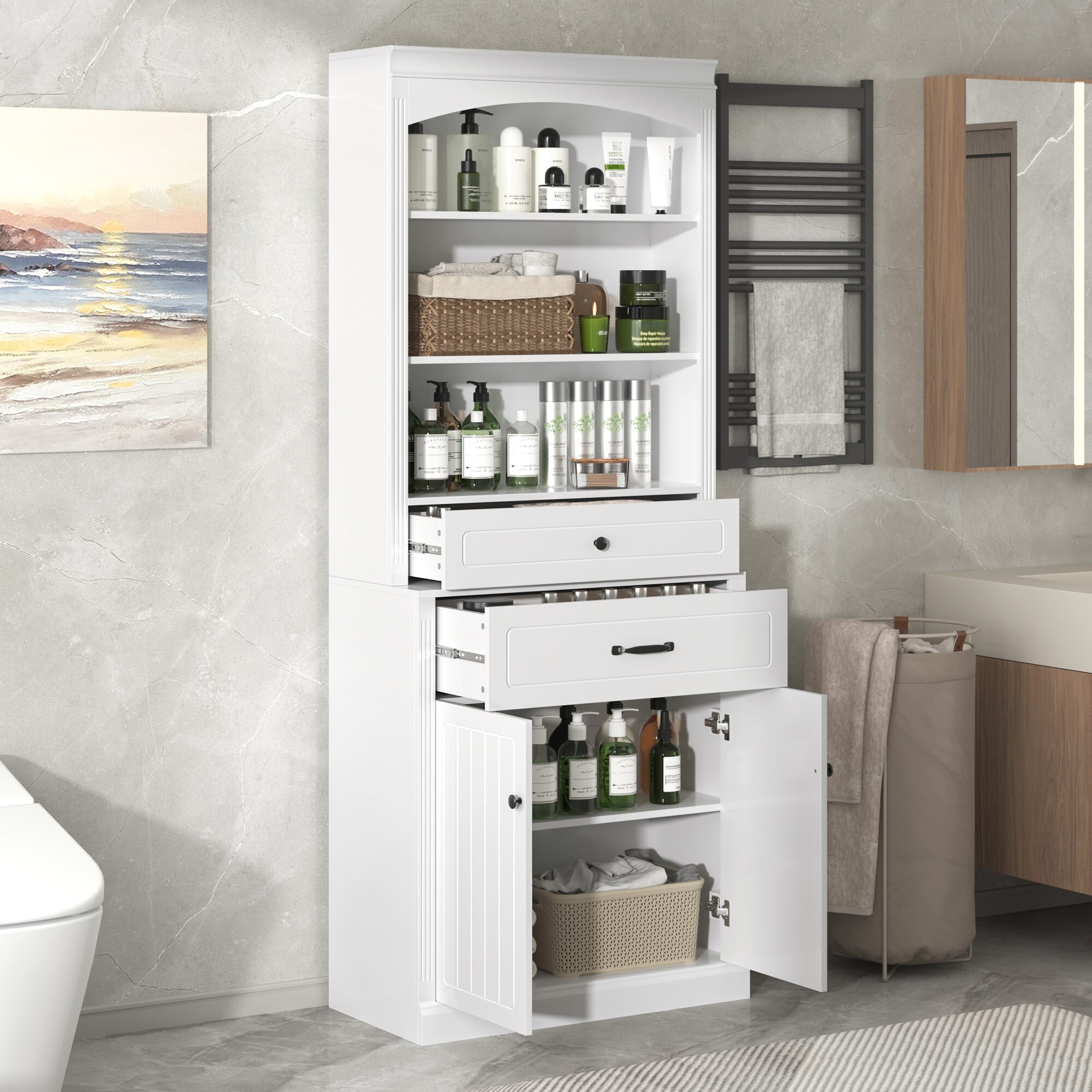 AENKYO 78.7" Tall Storage Cabinet with Drawers & Shelves, Stylish Freestanding Cabinet for Home, White