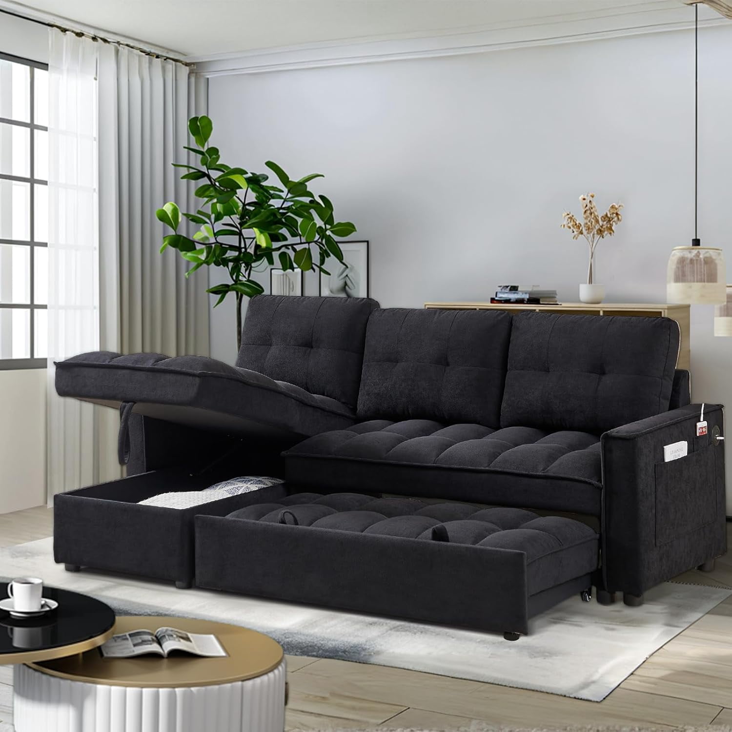 AENKYO 78.75" Reclining Sleeper Sofa with Pull-Out Bed and Built-in Charging Station, 3-Seat Sectional Couch with Cup Holders, Black
