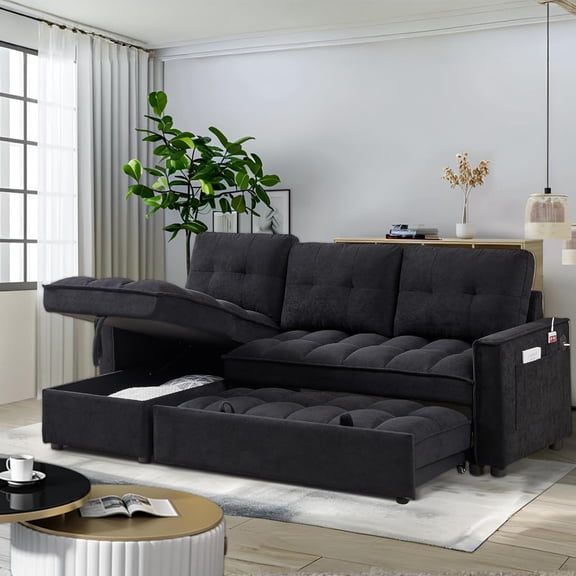AENKYO 78.75" Reclining Sleeper Sofa with Pull-Out Bed and Built-in Charging Station, 3-Seat Sectional Couch with Cup Holders, Black