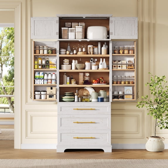 AENKYO 78" Modern Farmhouse Pantry Cabinet with Adjustable Shelves, Freestanding Storage Organizer for Kitchen, White