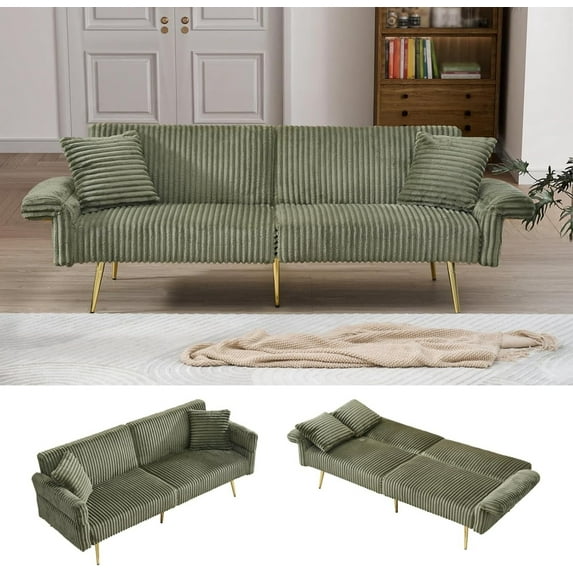 AENKYO 79'' Corduroy Convertible Futon Sofa Bed, Modern Sleeper Couch with Adjustable Arms & Back, Green