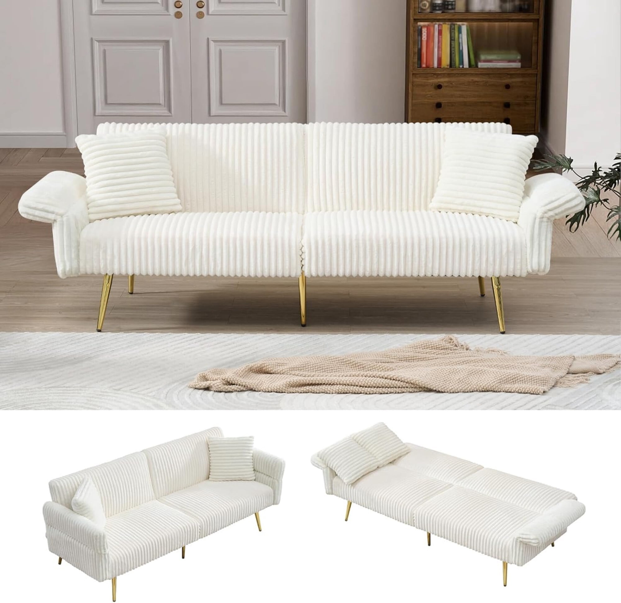 AENKYO 79'' Corduroy Convertible Futon Sofa Bed, Modern Sleeper Couch with Adjustable Arms & Back, White