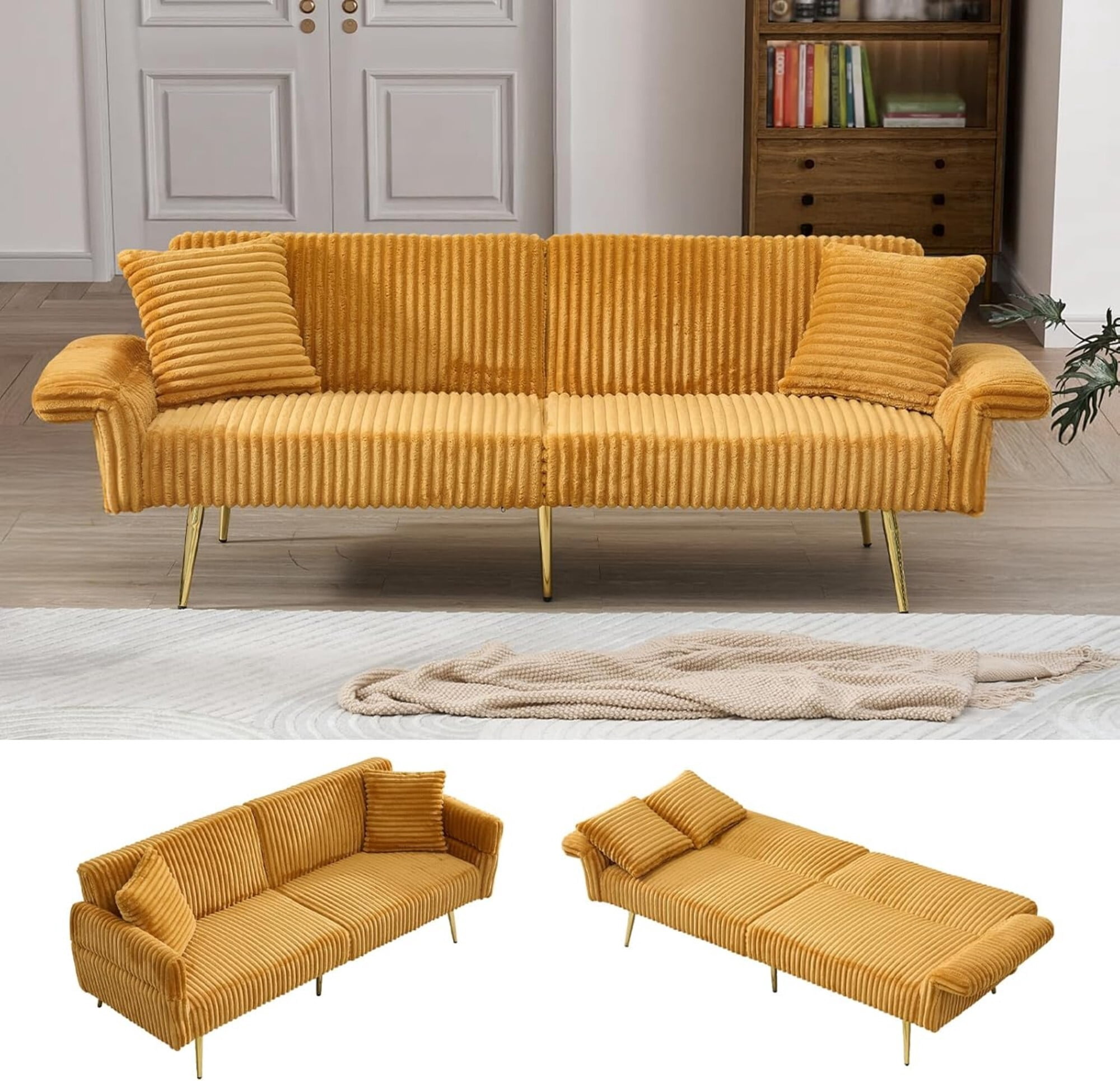 AENKYO 79'' Corduroy Convertible Futon Sofa Bed, Modern Sleeper Couch with Adjustable Arms & Back, Yellow