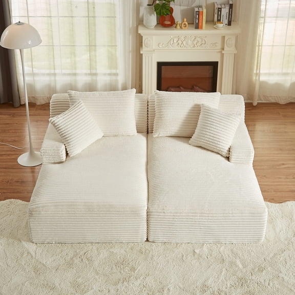 AENKYO 79" Oversized Double Chaise Lounge, Corduroy Convertible Sofa, 2-Piece Sectional with Pillows, Zero Assembly, White