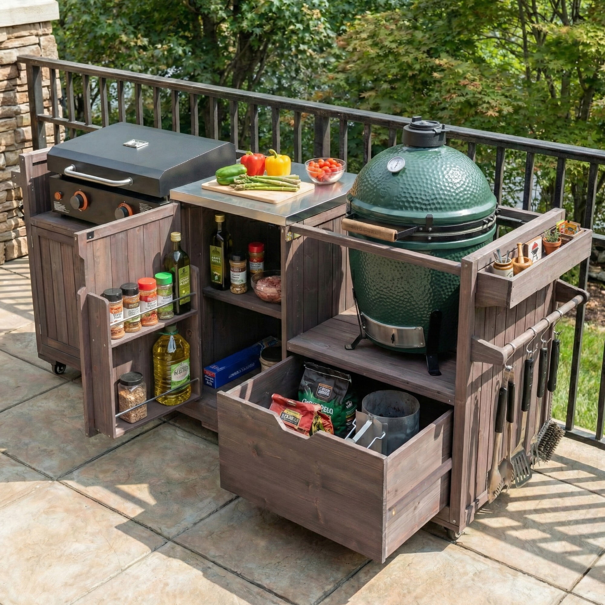 AENKYO 80.5" Outdoor Kitchen Island for Big Green Egg & Blackstone, Wood Grill Cart with Stainless Steel Top, Dark Brown