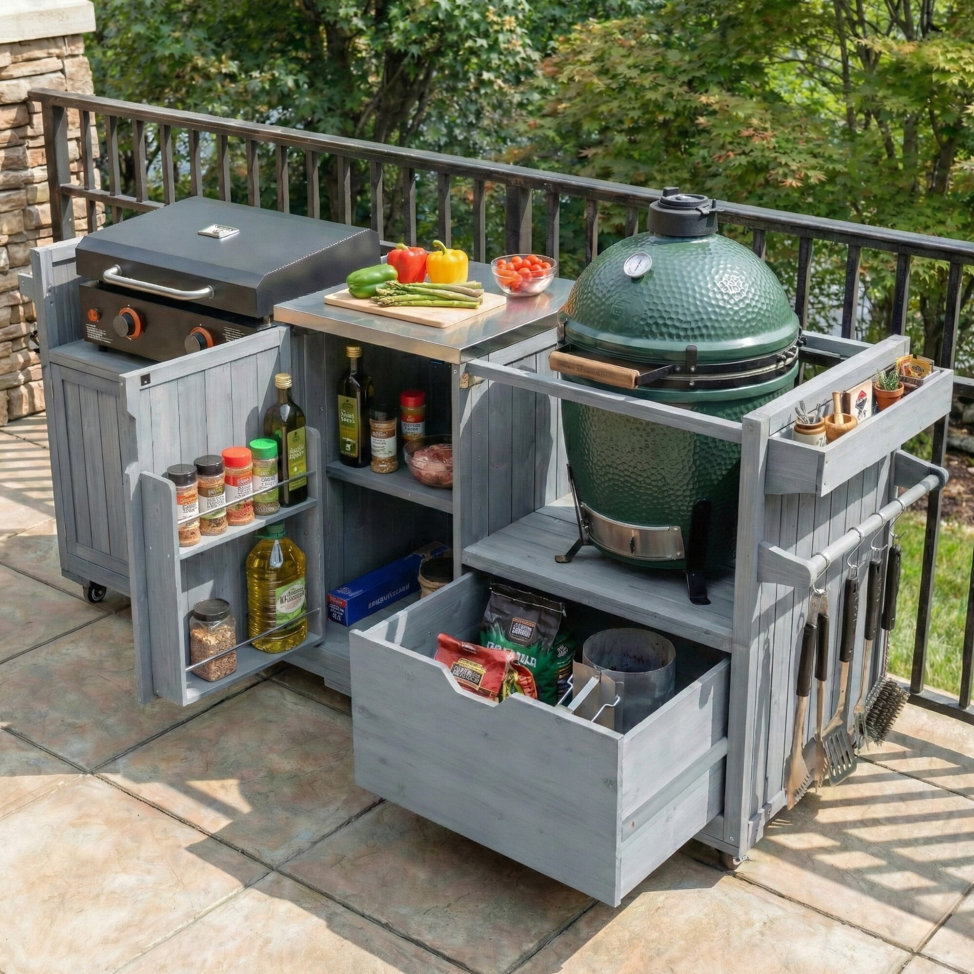 AENKYO 80.5" Outdoor Kitchen Island for Big Green Egg & Blackstone, Wood Grill Cart with Stainless Steel Top, Gray Blue