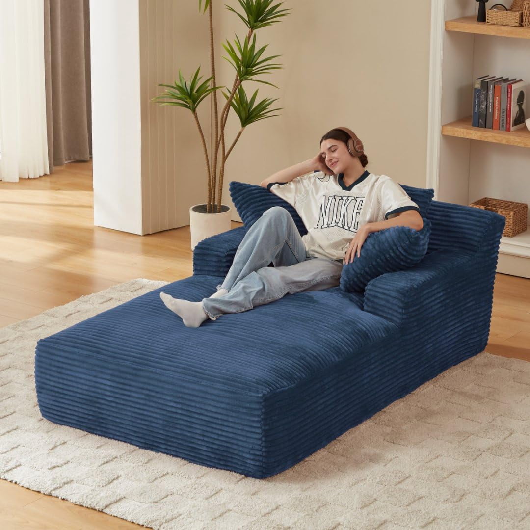 AENKYO 80" Oversized Corduroy Chaise Lounge, Fully Assembled, No Assembly Required, Blue