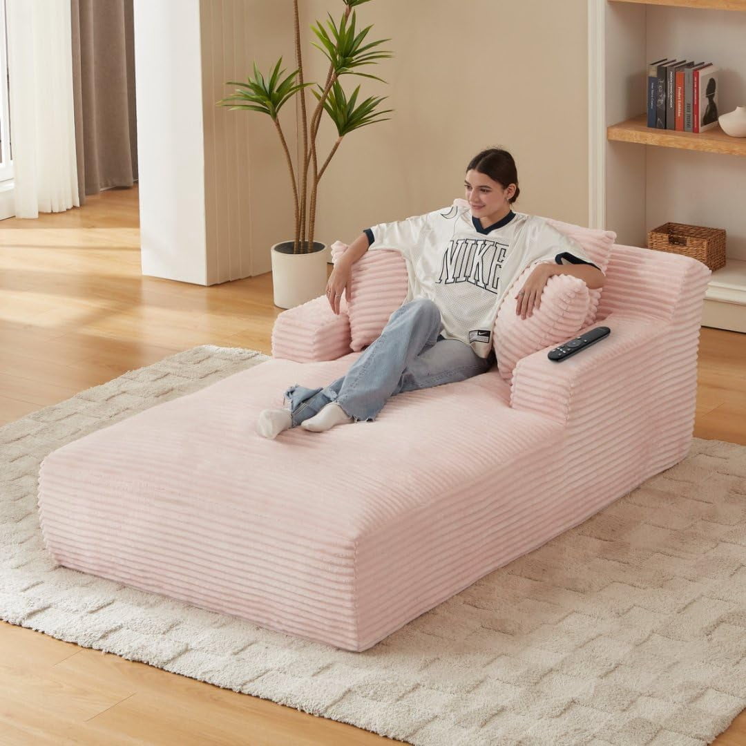 AENKYO 80" Oversized Corduroy Chaise Lounge, Fully Assembled, No Assembly Required, Pink