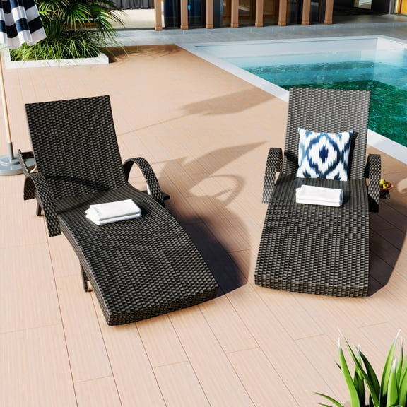 AENKYO 80-in Patio Chaise Lounge Chairs Set of 2, Outdoor Wicker Recliners with Adjustable Backrest and Pull-Out Side Table, Black
