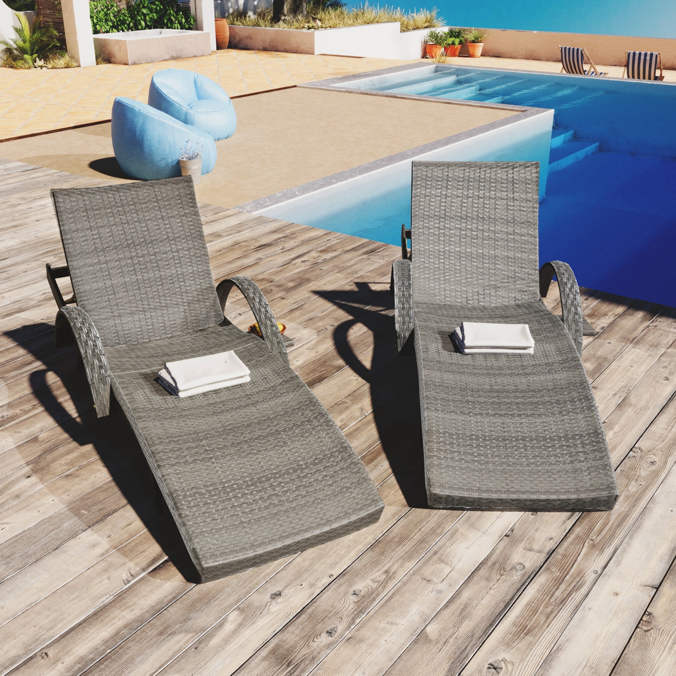AENKYO 80-in Patio Chaise Lounge Chairs Set of 2, Outdoor Wicker Recliners with Adjustable Backrest and Pull-Out Side Table, Gray