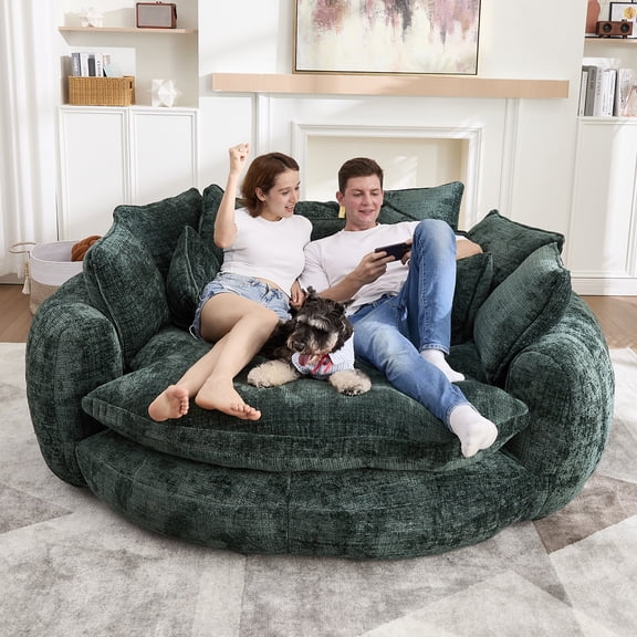 AENKYO 81" Oversized Double Loaf Sofa Bed for 2, Fluffy Cloud Round Chaise Lounge Chair with Memory Foam & 14 Pillows, Upholstered Deep Seat Daybed for Living Room, Bedroom, Emerald