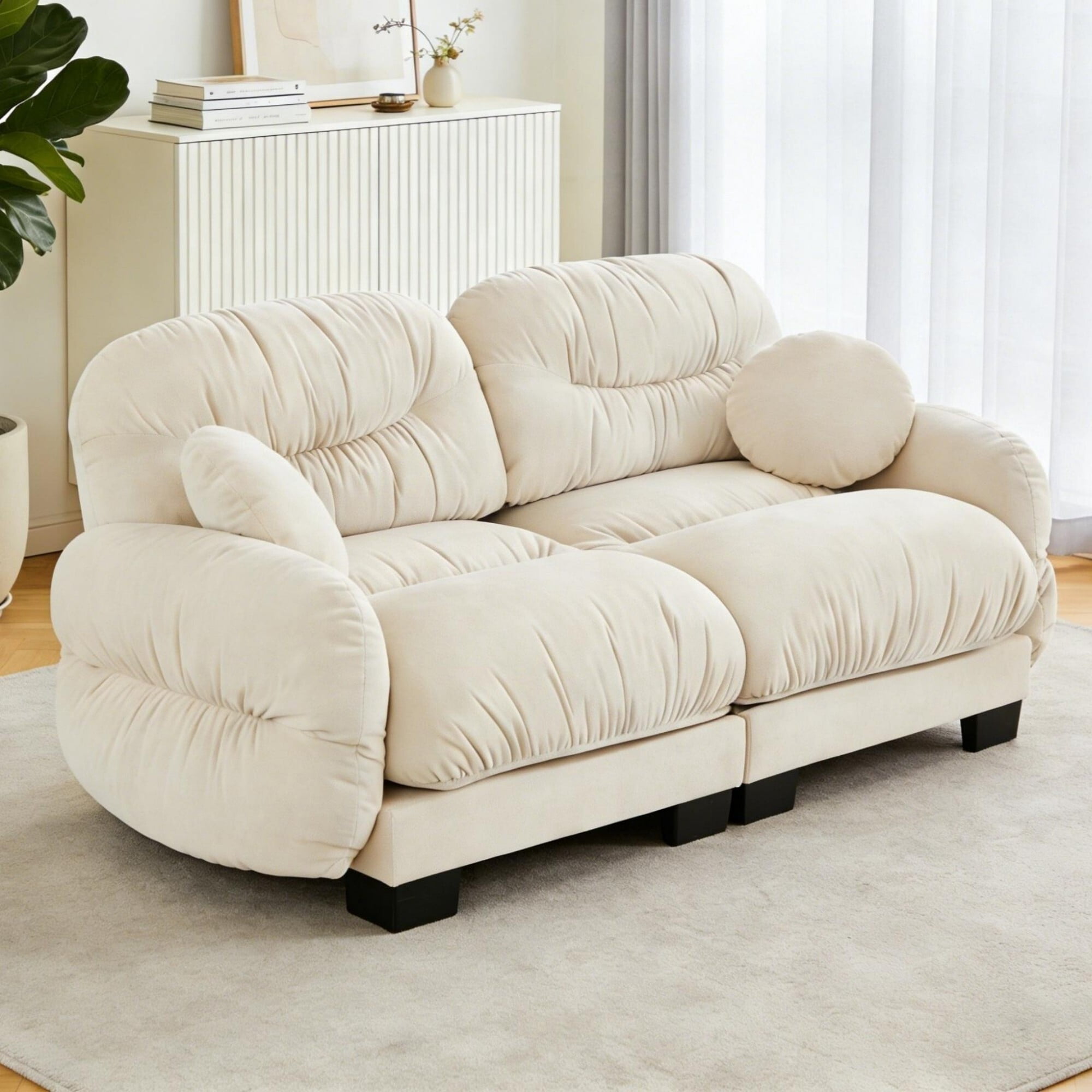 AENKYO 82" Modular Sofa, Cozy Chenille 2-Seater Loveseat w/ Pleated Design, Deep Seat Foam Couch & 2 Pillows, Beige