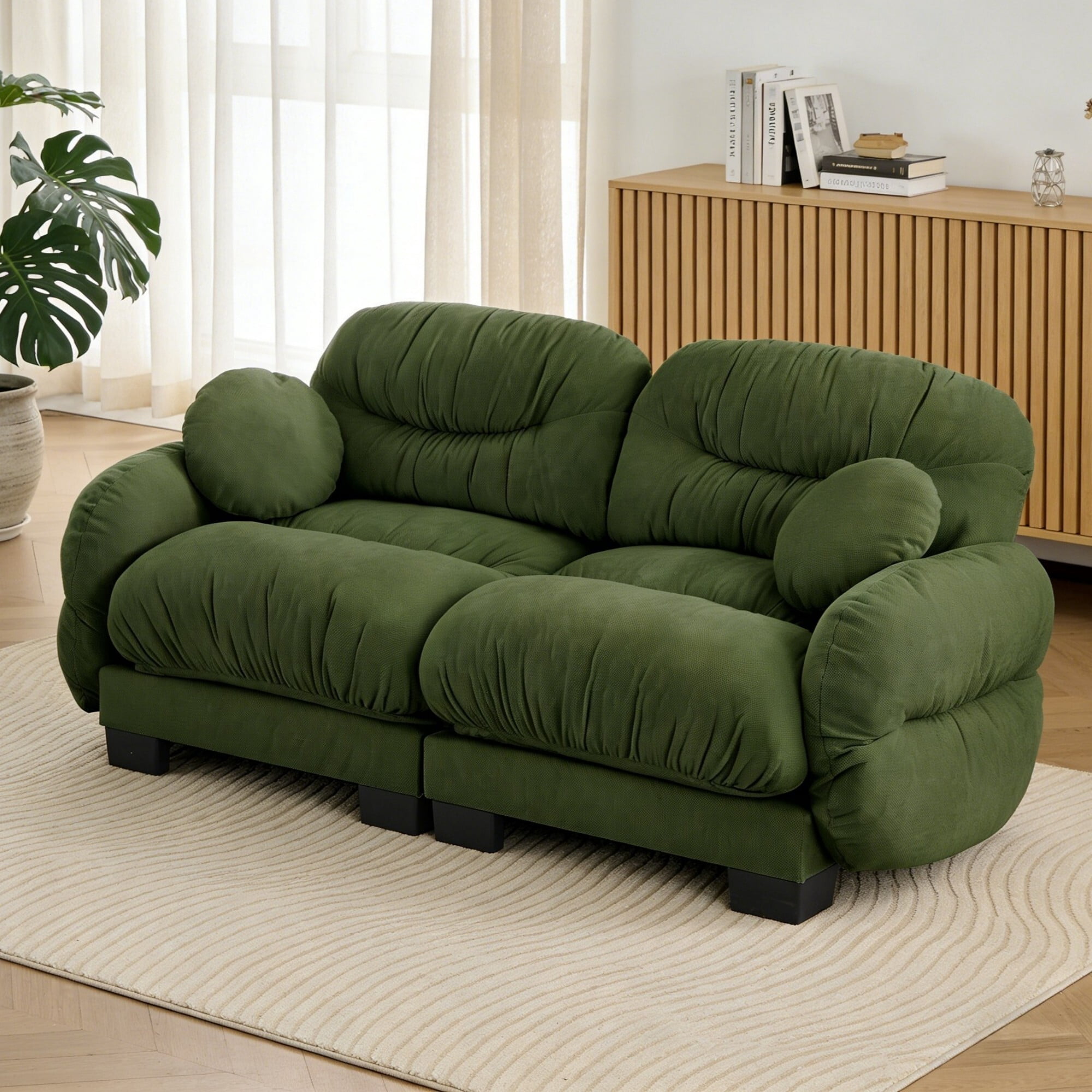 AENKYO 82" Modular Sofa, Cozy Chenille 2-Seater Loveseat w/ Pleated Design, Deep Seat Foam Couch & 2 Pillows, Green