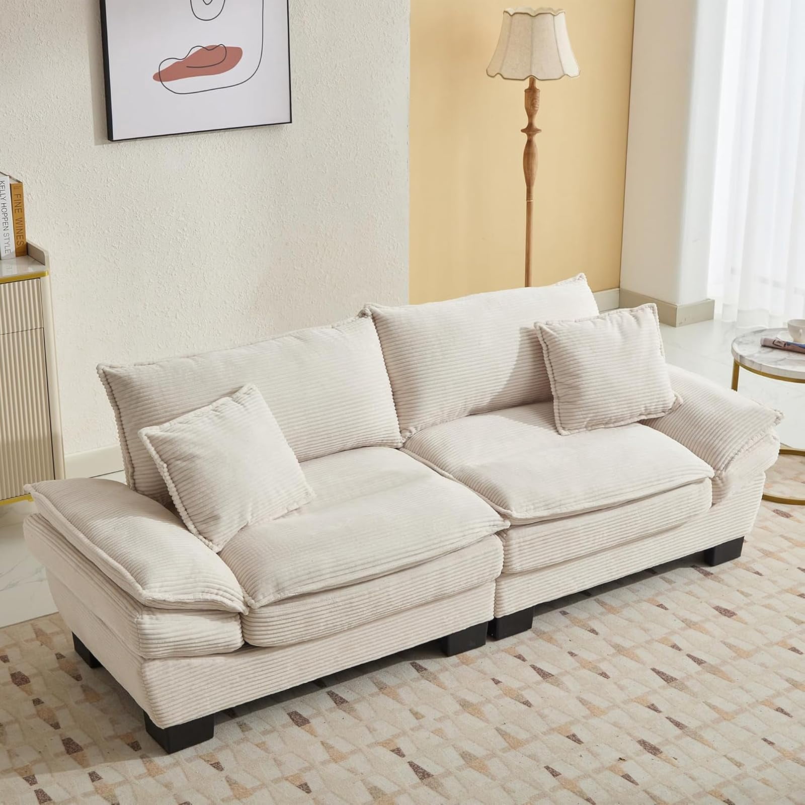 AENKYO 84" Corduroy Loveseat Sofa with Pillows, Modern 2-Seater Couch for Living Room,Beige