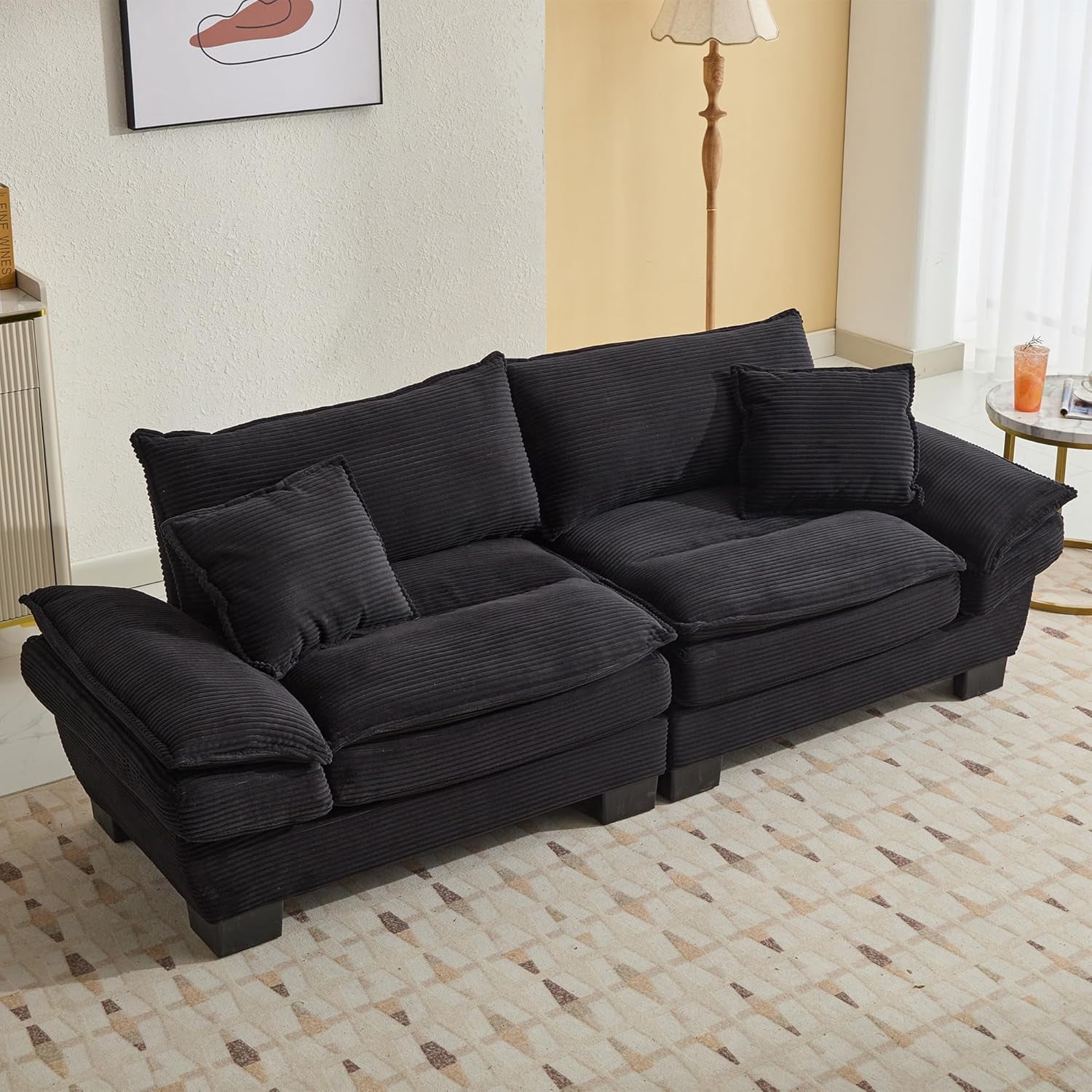 AENKYO 84" Corduroy Loveseat Sofa with Pillows, Modern 2-Seater Couch for Living Room,Black