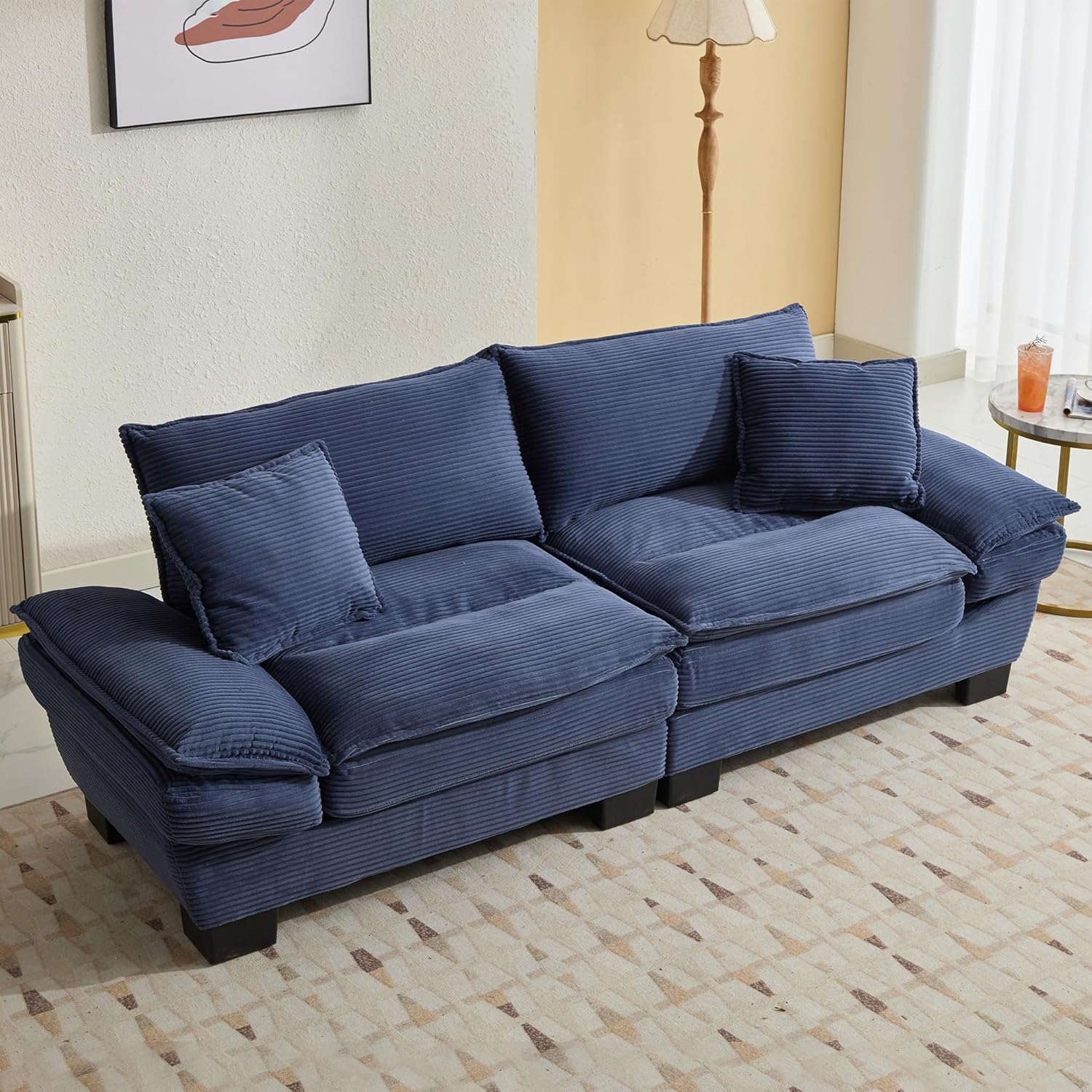 AENKYO 84" Corduroy Loveseat Sofa with Pillows, Modern 2-Seater Couch for Living Room,Blue