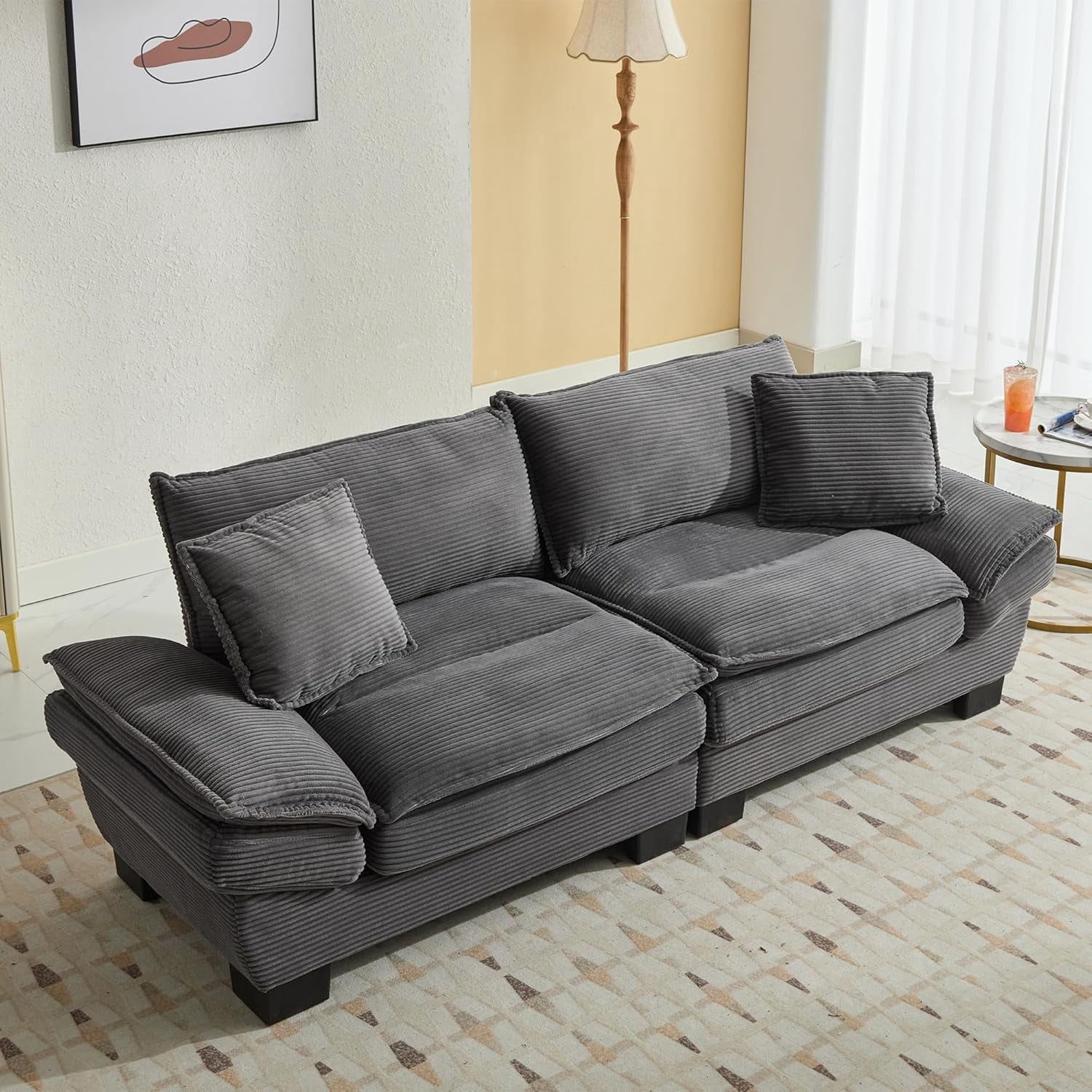 AENKYO 84" Corduroy Loveseat Sofa with Pillows, Modern 2-Seater Couch for Living Room,Gray