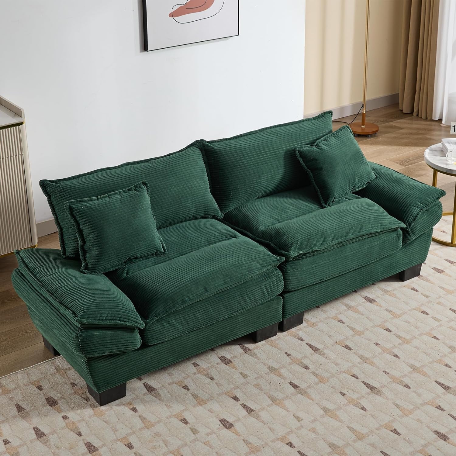 AENKYO 84" Corduroy Loveseat Sofa with Pillows, Modern 2-Seater Couch for Living Room,Green