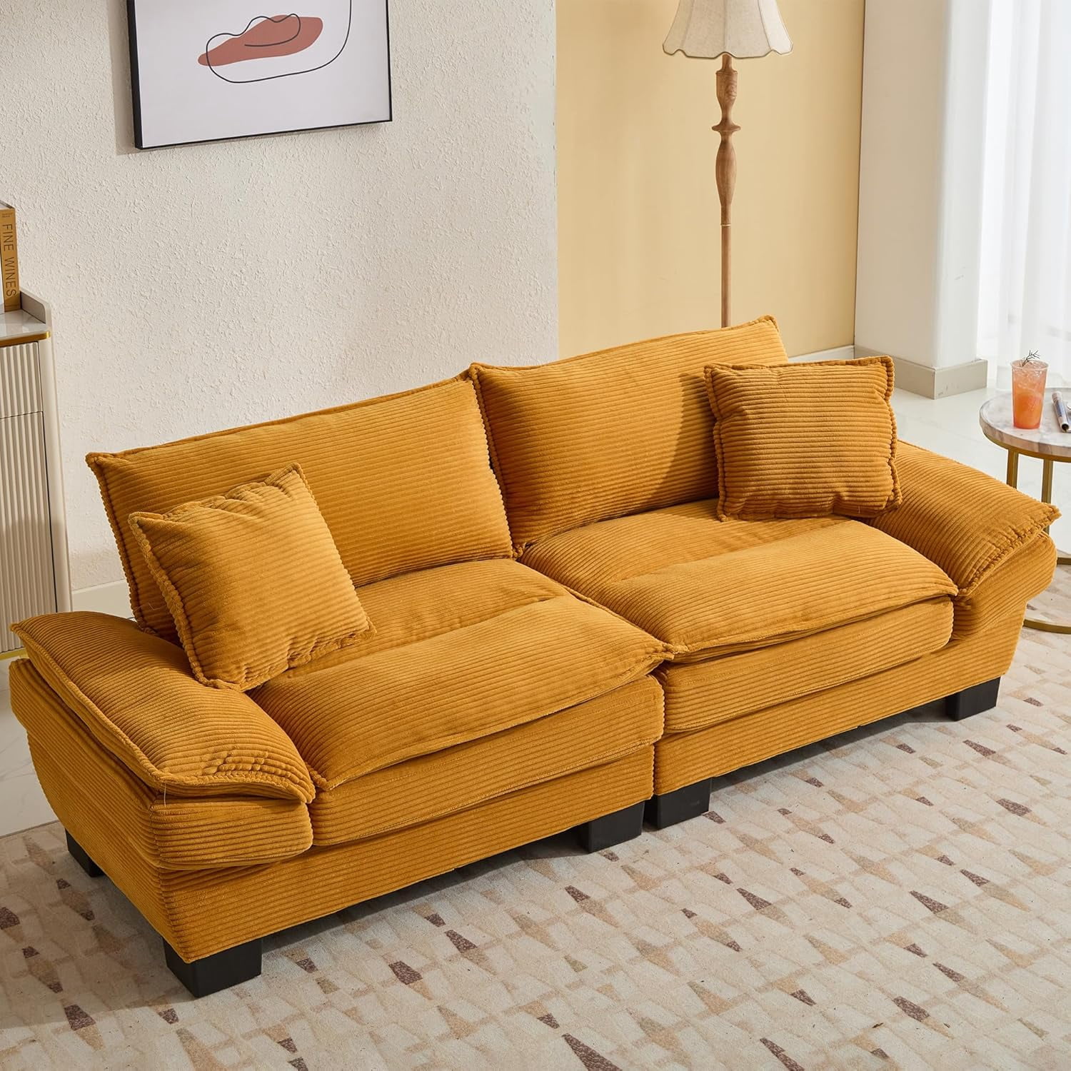 AENKYO 84" Corduroy Loveseat Sofa with Pillows, Modern 2-Seater Couch for Living Room,Yellow