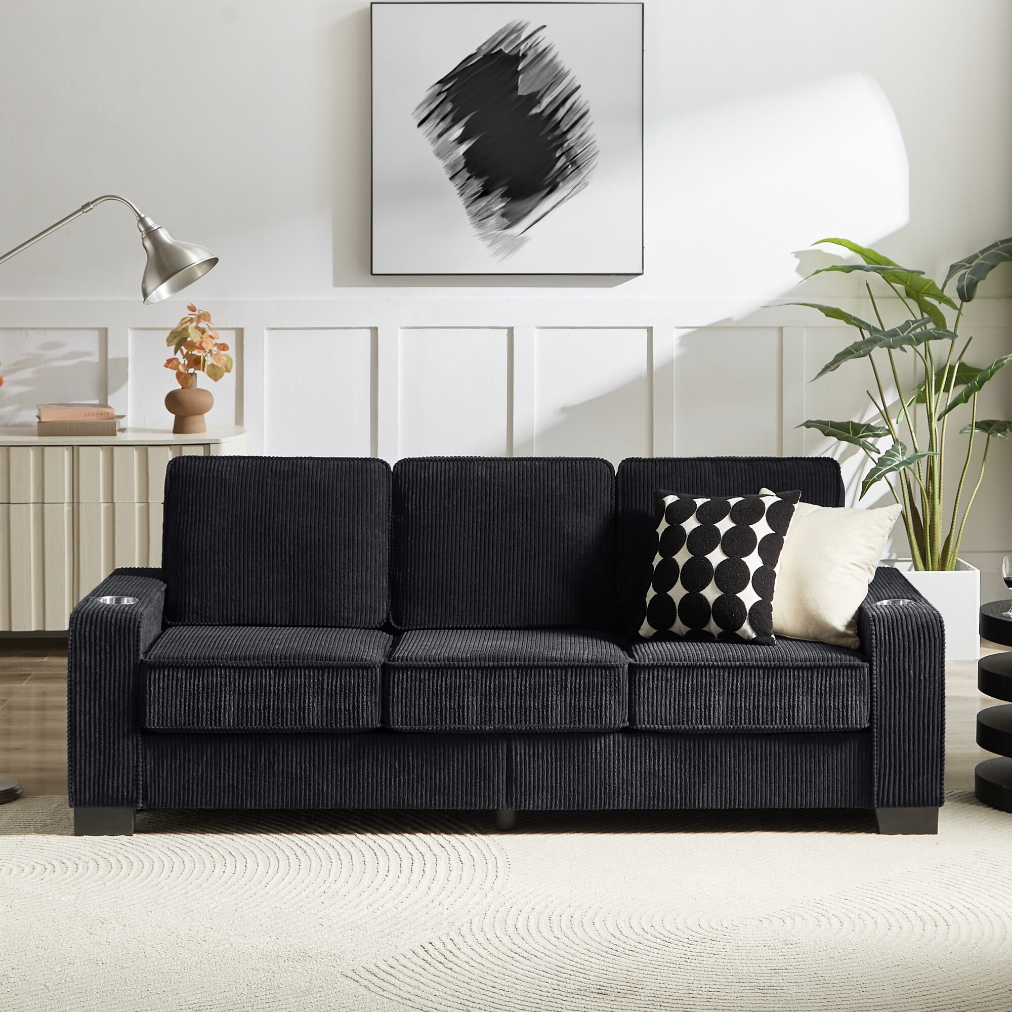 AENKYO 84" Modern Corduroy 3-Seater Sofa, Compressed Couch with Built-in Cup Holders & Washable Covers, Black