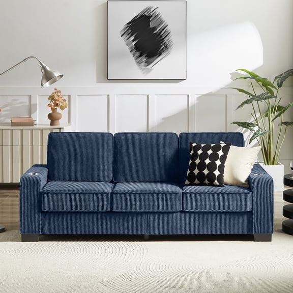 AENKYO 84" Modern Corduroy 3-Seater Sofa, Compressed Couch with Built-in Cup Holders & Washable Covers, Blue