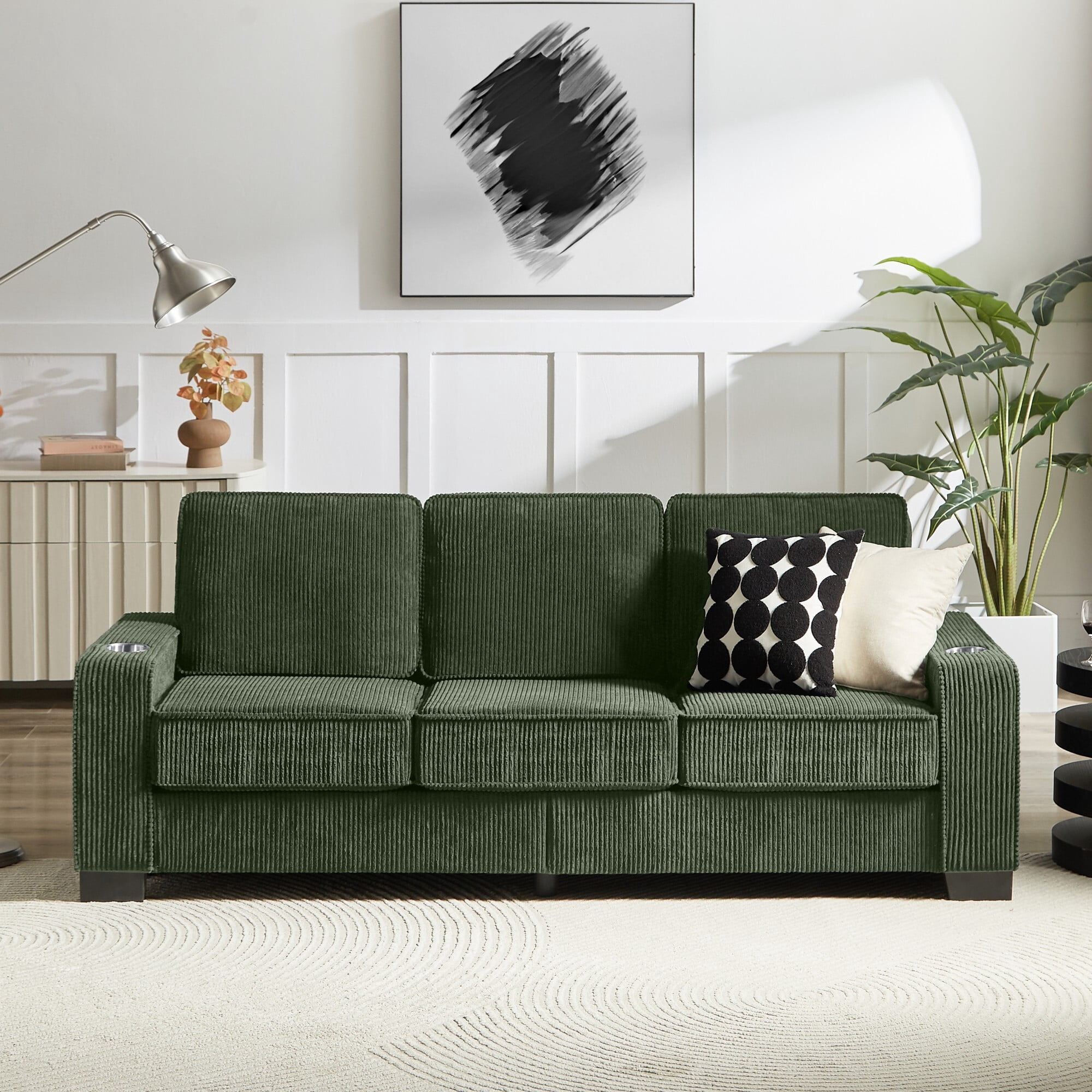 AENKYO 84" Modern Corduroy 3-Seater Sofa, Compressed Couch with Built-in Cup Holders & Washable Covers, Green