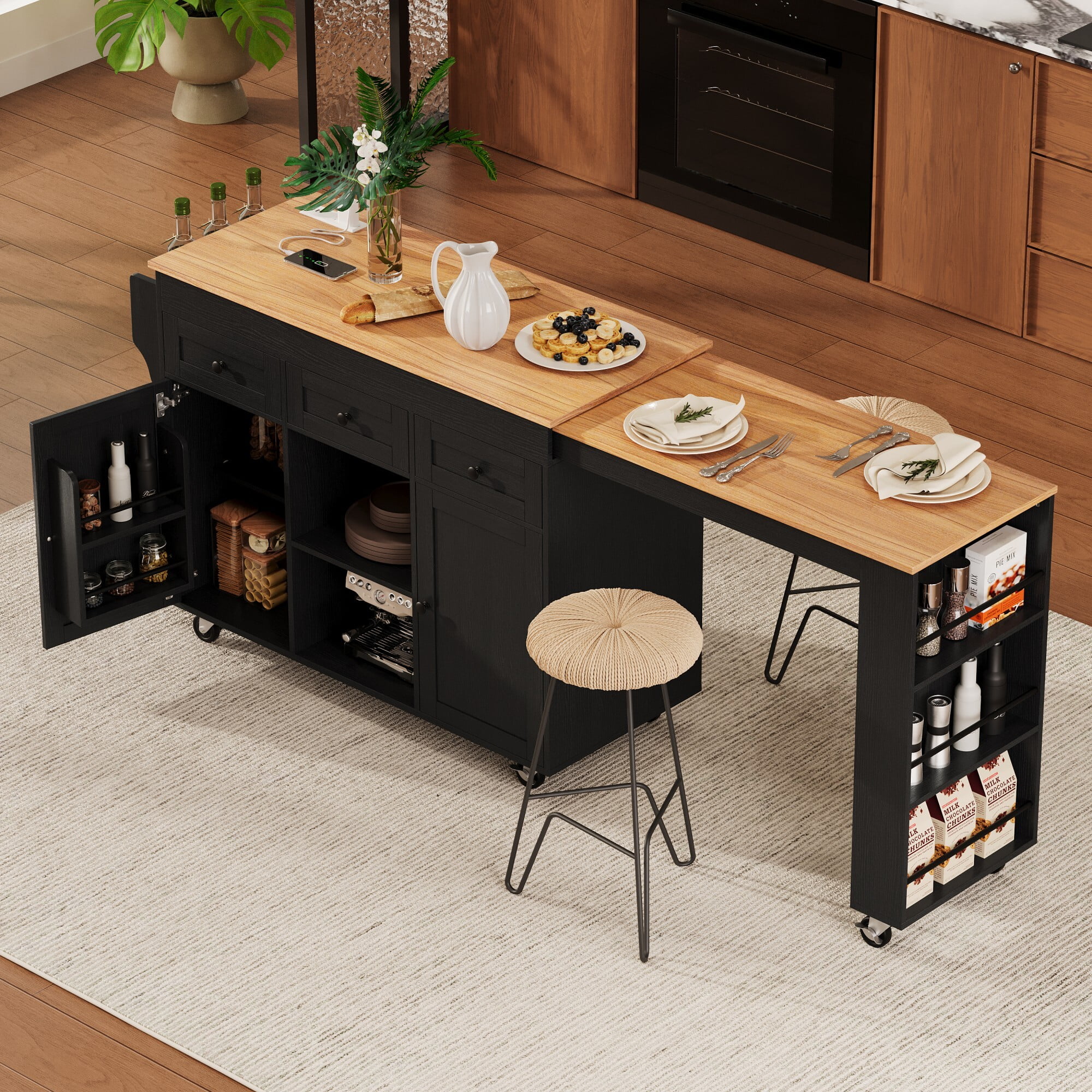 AENKYO 85.5" Kitchen Island with Extendable Table, Charging Station, Mobile Serving Cart with Storage Shelves, Black