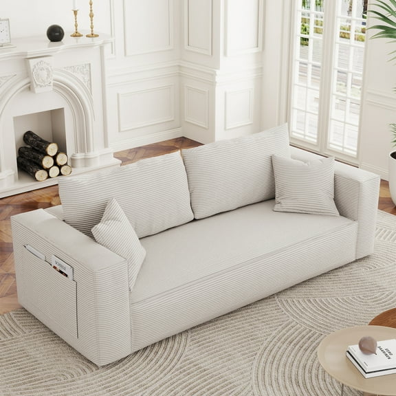 AENKYO 89" 3-Seater Corduroy Sofa with Deep Seat and Side Pocket for Living Room, White