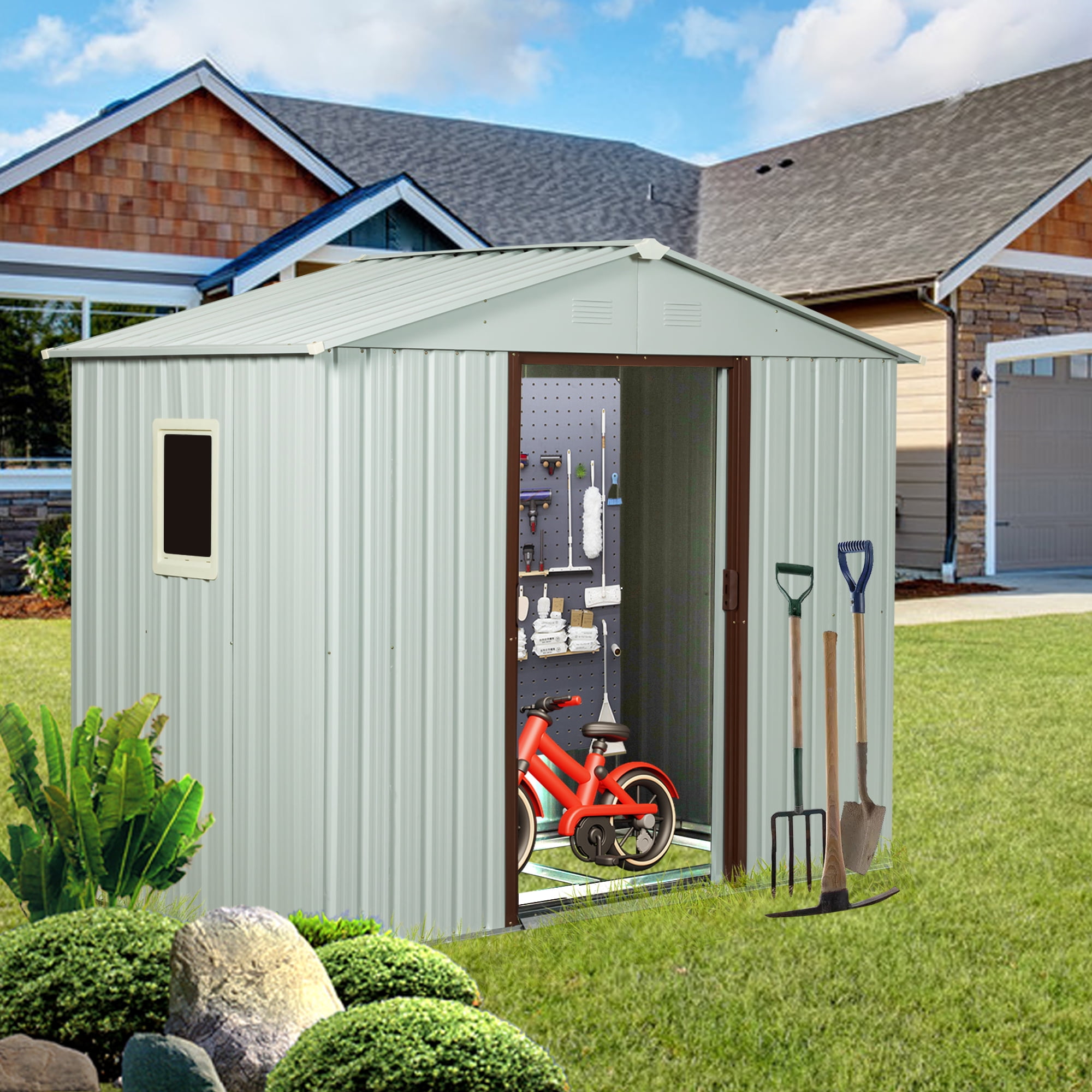AENKYO 8ft x 4ft Outdoor Storage Shed,Galvanized Steel Storage Cabinet with Lockable Door for Backyard, Patio, Lawn-White