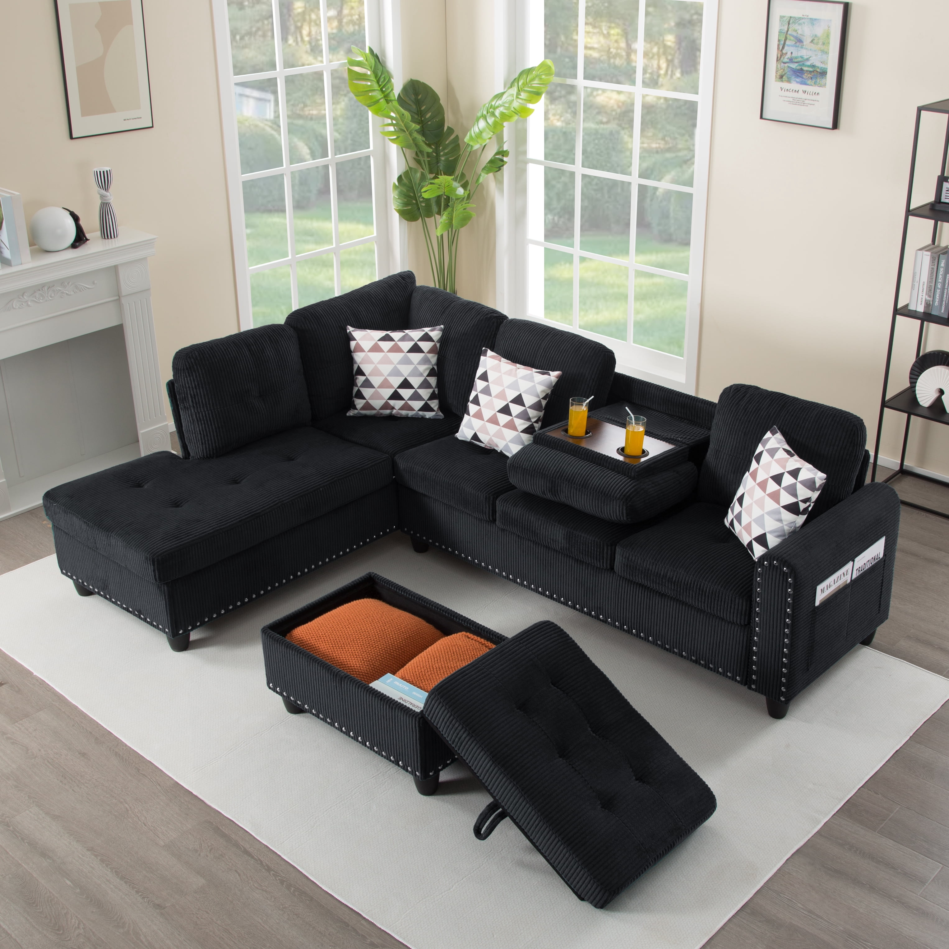 AENKYO 95″ L-Shaped Corduroy Modular Sectional Sofa with Ottoman & Cup Holders – Living Room Couch for Apartments，Black
