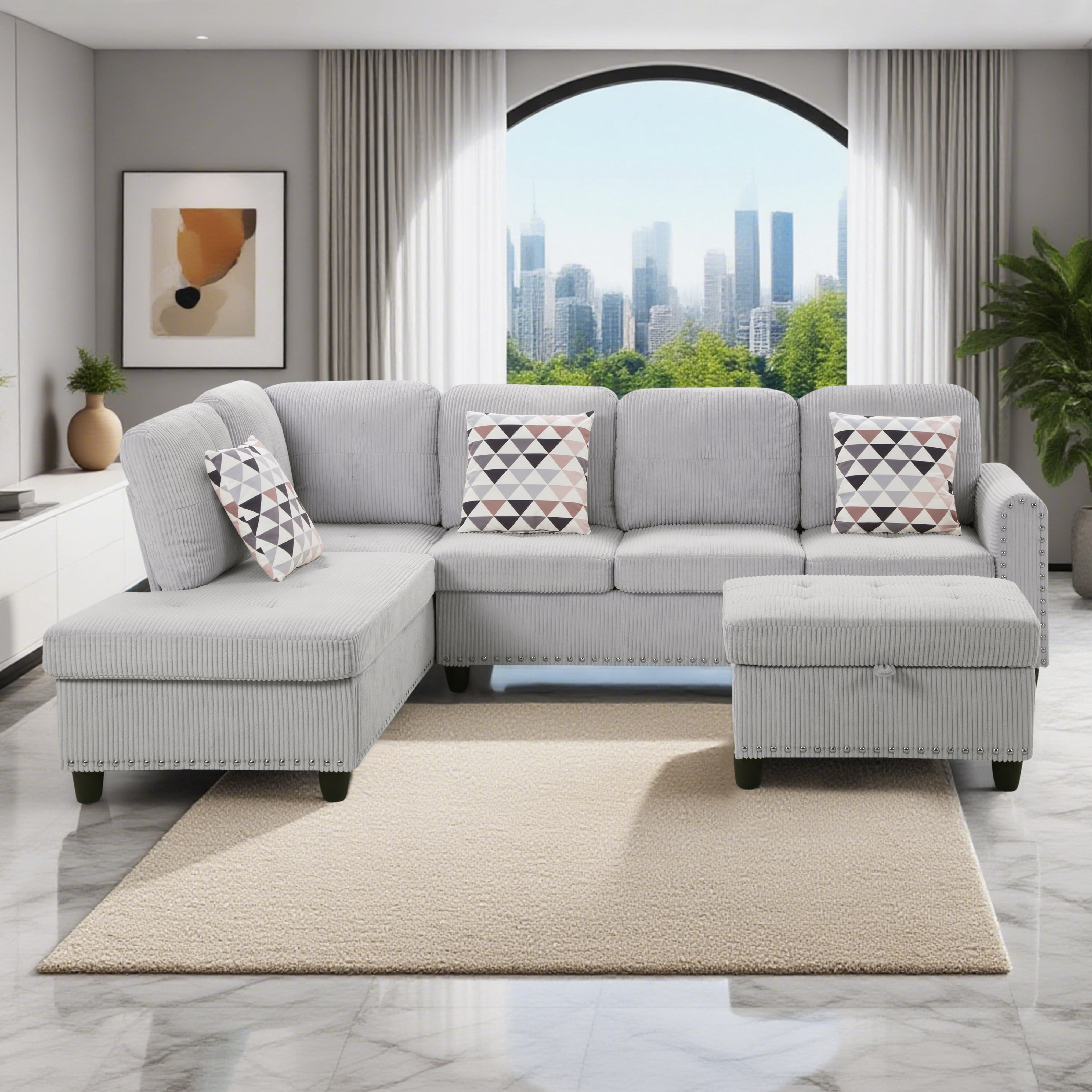 AENKYO 95″ L-Shaped Corduroy Modular Sectional Sofa with Ottoman & Cup Holders – Living Room Couch for Apartments，Light Gray