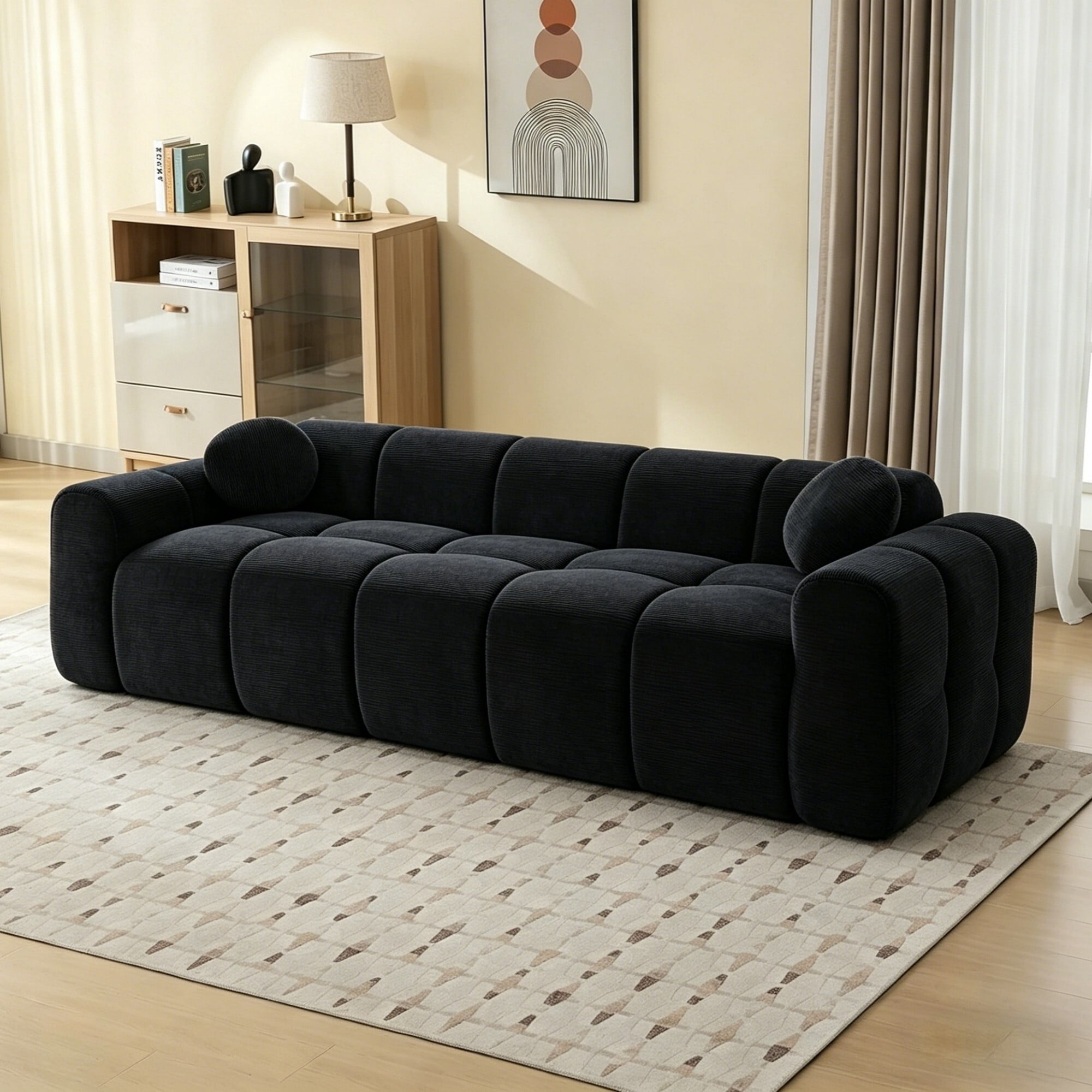 AENKYO 98" Corduroy Cloud Puff Sofa, Modern 4-Seater Bubble Block Couch, No Assembly, Charcoal Black