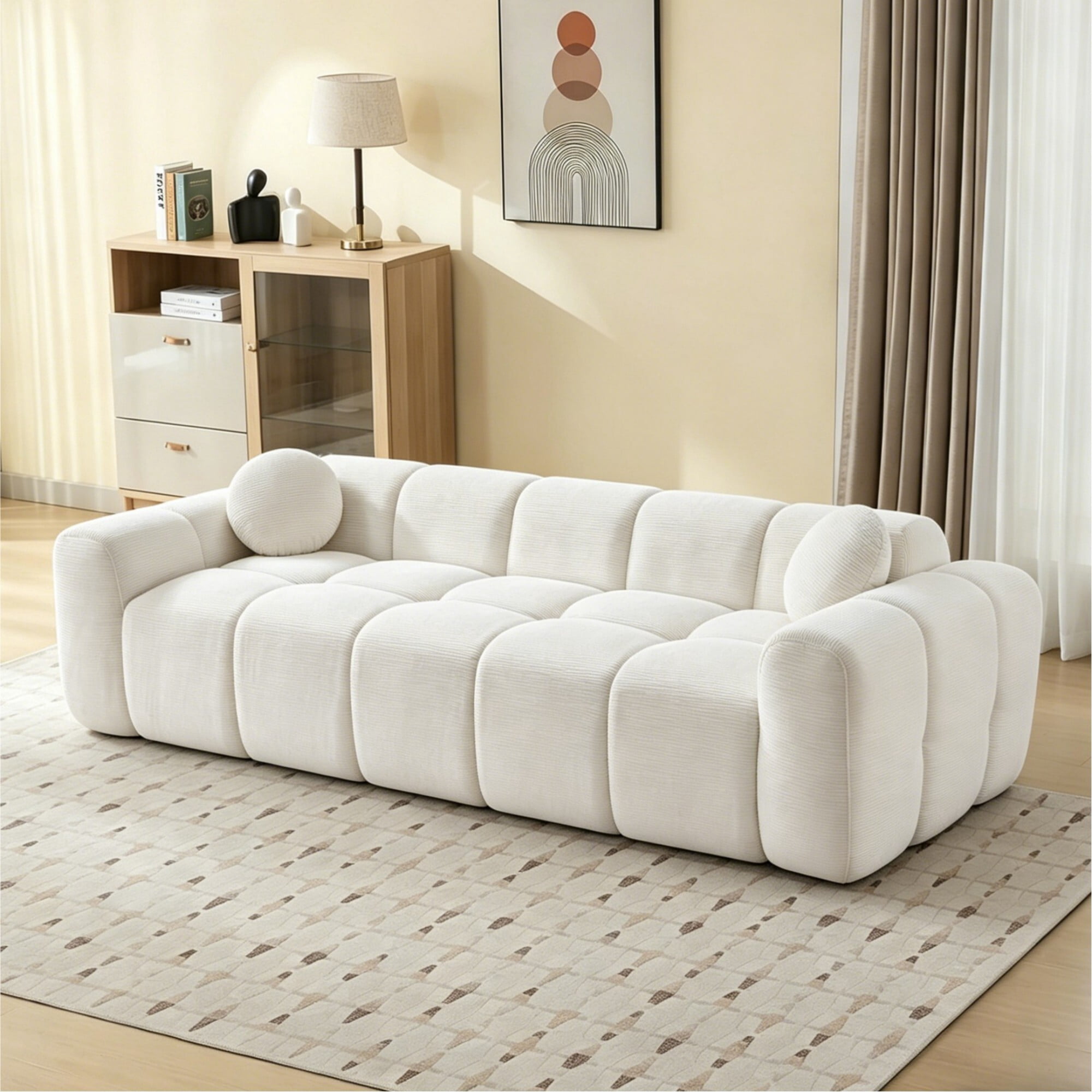 AENKYO 98" Corduroy Cloud Puff Sofa, Modern 4-Seater Bubble Block Couch, No Assembly, Creamy White