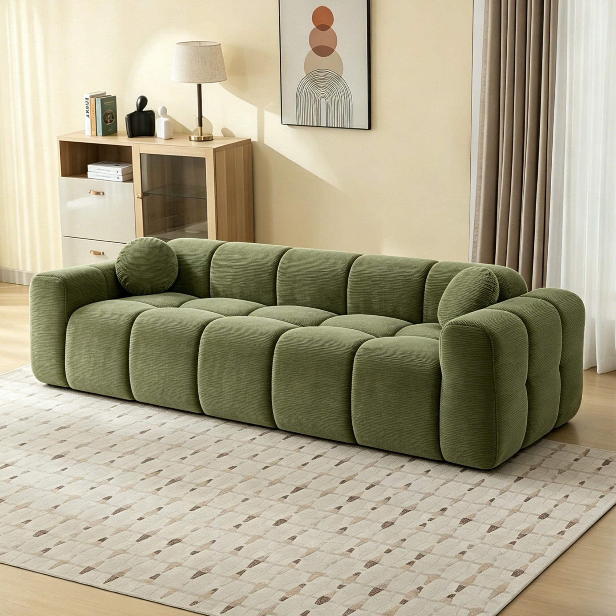 AENKYO 98" Corduroy Cloud Puff Sofa, Modern 4-Seater Bubble Block Couch, No Assembly, Sage Green