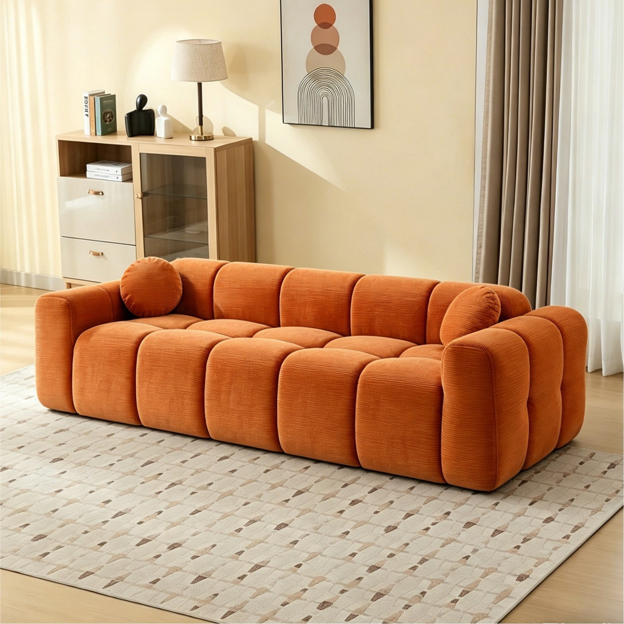 AENKYO 98" Corduroy Cloud Puff Sofa, Modern 4-Seater Bubble Block Couch, No Assembly, Vibrant Orange