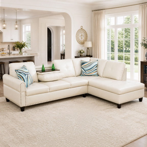 AENKYO 98" L-Shaped Sectional Sofa with Reversible Chaise, Cup Holders and Faux Leather, White