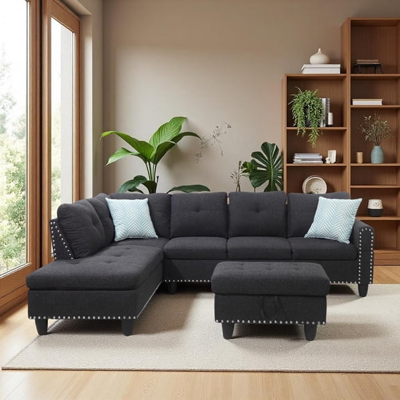 AENKYO 98" L-Shaped Sectional Sofa with Reversible Chaise, Storage Ottoman & Cup Holders, Charcoal Gray
