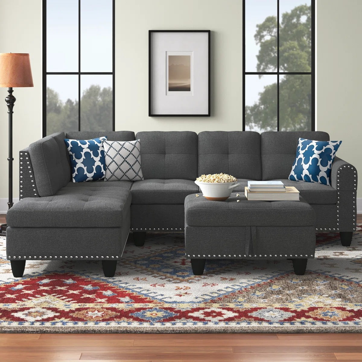 AENKYO 98" L-Shaped Sectional Sofa with Reversible Chaise, Storage Ottoman & Cup Holders, Dark Gray