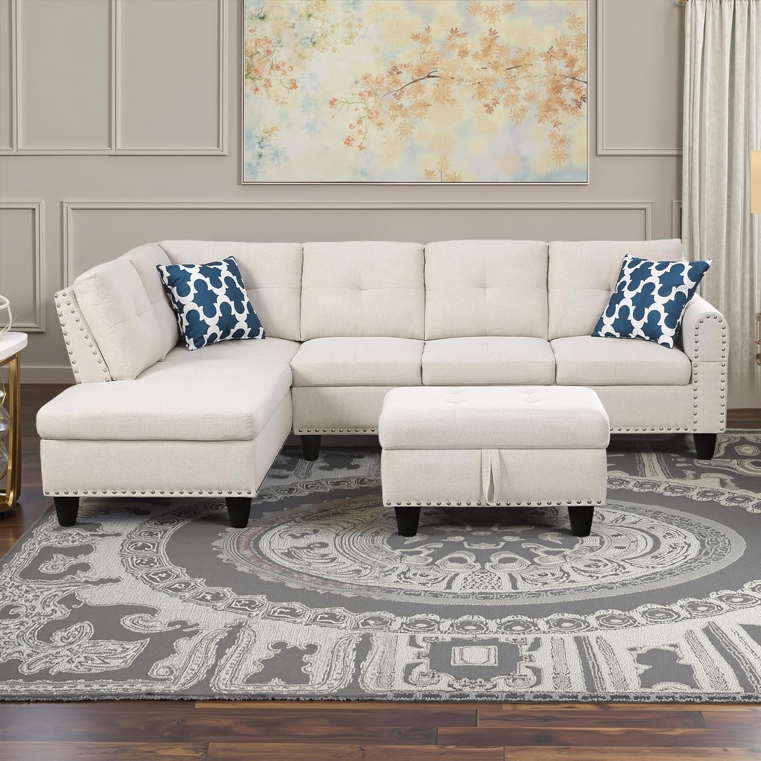 AENKYO 98" L-Shaped Sectional Sofa with Reversible Chaise, Storage Ottoman & Cup Holders, Faux Leather, Beige