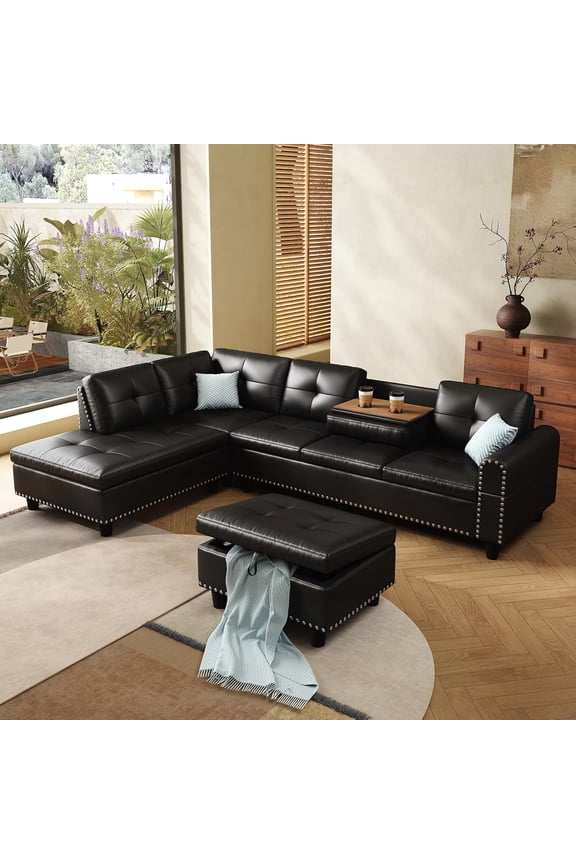 98" L-Shaped Sectional Sofa with Reversible Chaise, Storage Ottoman & Cup Holders, Faux Leather, Black