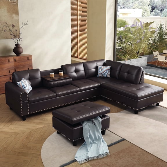 AENKYO 98" L-Shaped Sectional Sofa with Reversible Chaise, Storage Ottoman & Cup Holders, Faux Leather, Brown