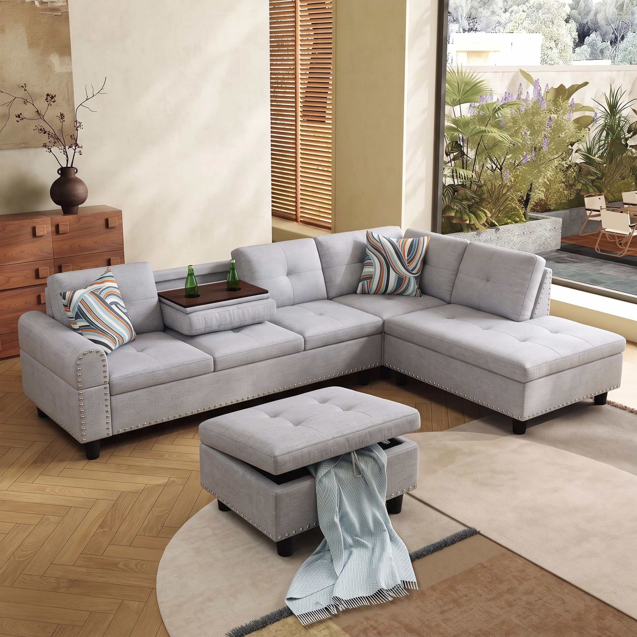 AENKYO 98" L-Shaped Sectional Sofa with Reversible Chaise, Storage Ottoman & Cup Holders, Flannel, Light Gray