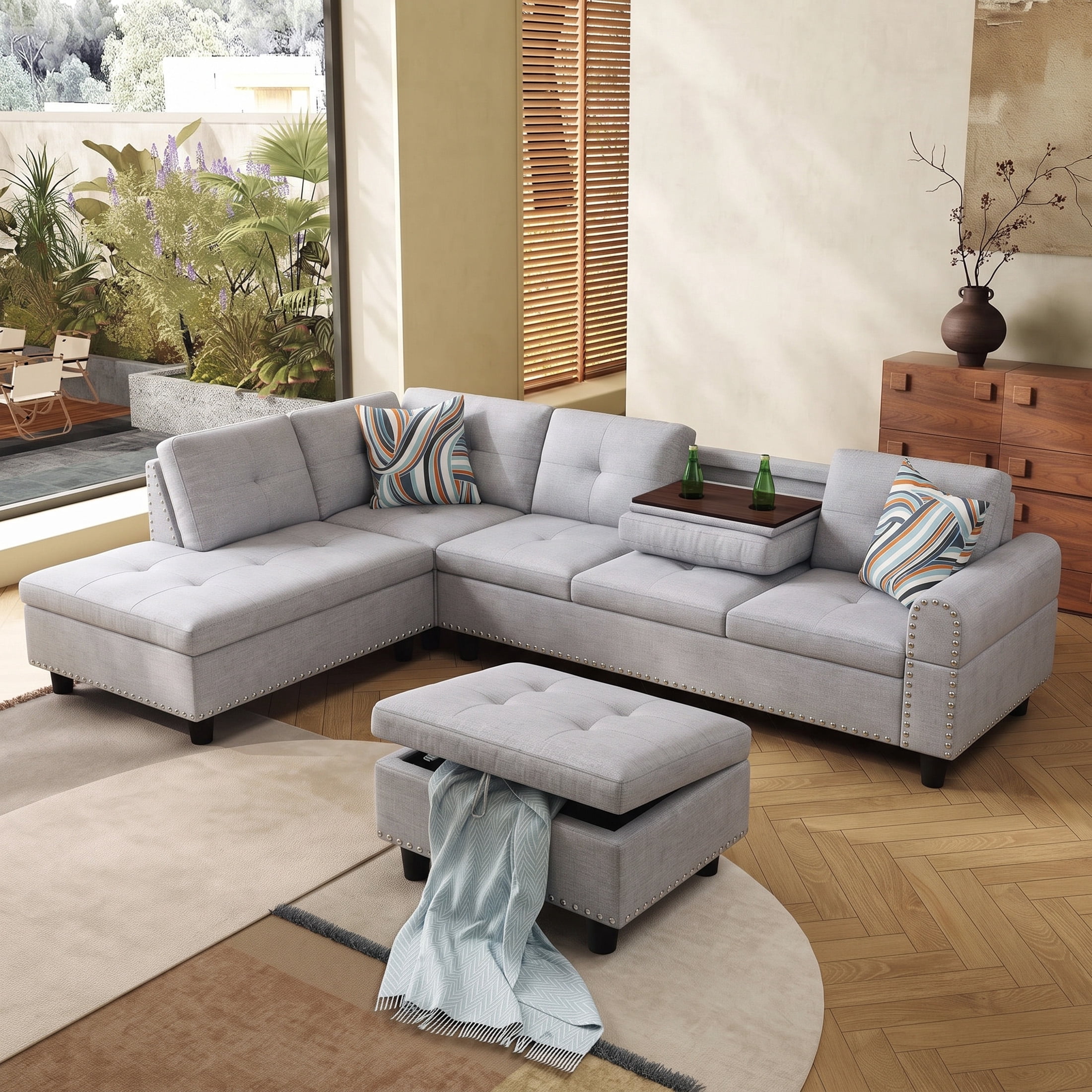 AENKYO 98" L-Shaped Sectional Sofa with Reversible Chaise, Storage Ottoman & Cup Holders, Flannel, Light Gray