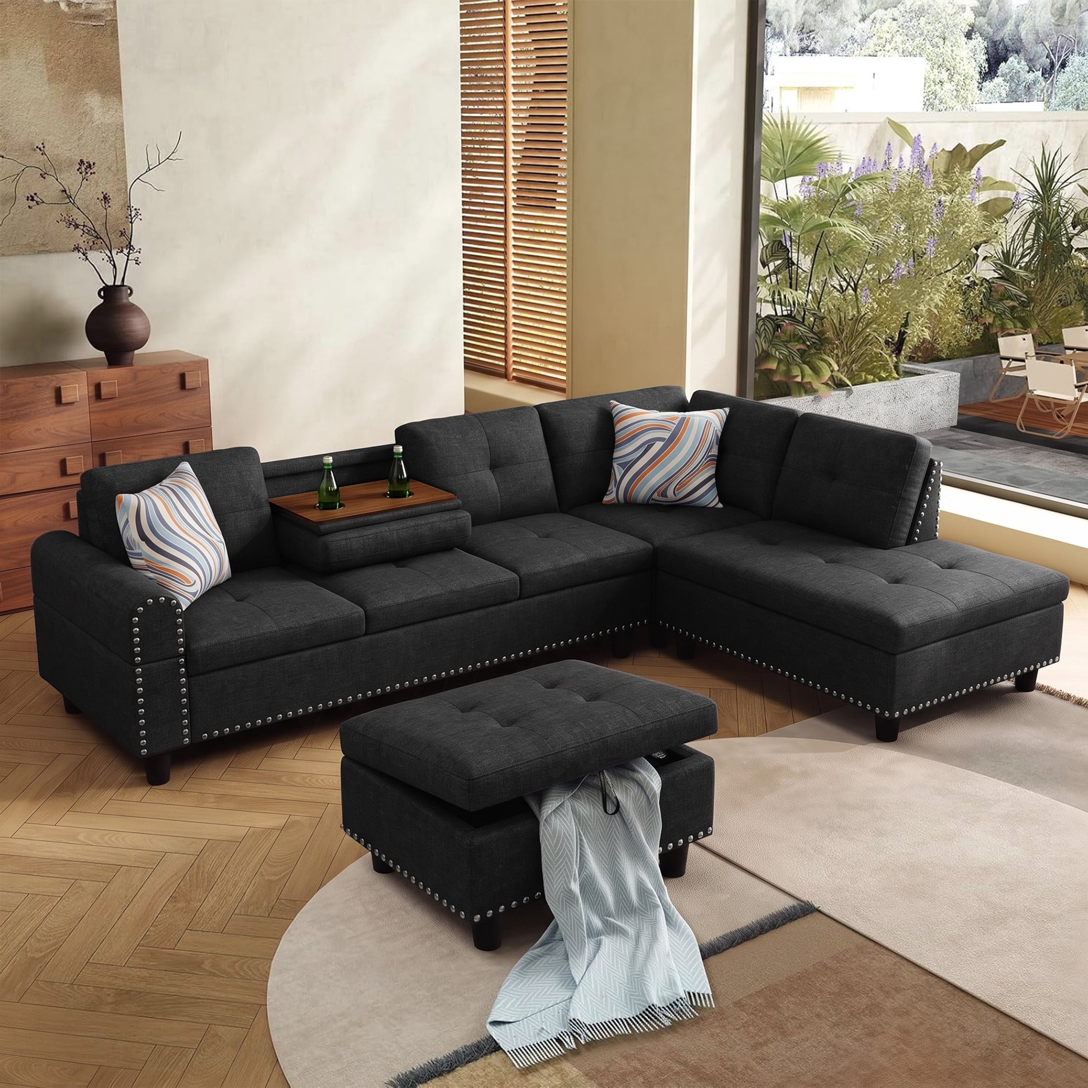AENKYO 98" L-Shaped Sectional Sofa with Reversible Chaise, Storage Ottoman & Cup Holders, Linen, Black Gray