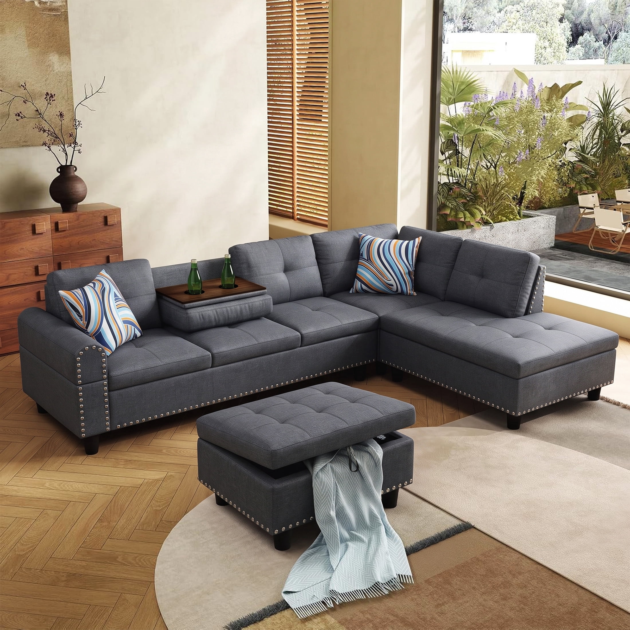 AENKYO 98" L-Shaped Sectional Sofa with Reversible Chaise, Storage Ottoman & Cup Holders, Linen, Dark Gray