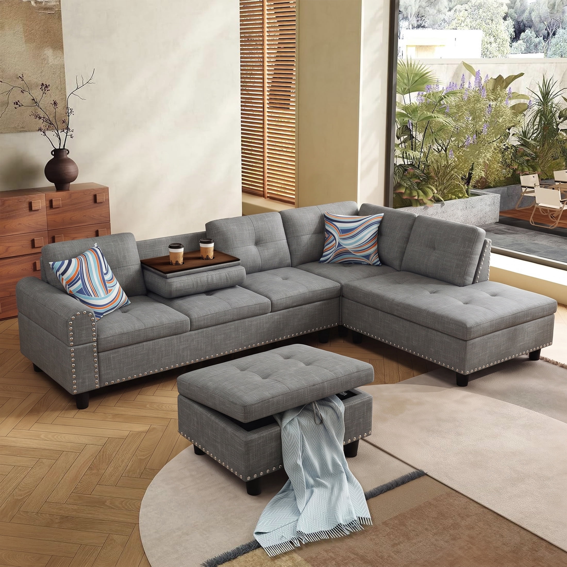 AENKYO 98" L-Shaped Sectional Sofa with Reversible Chaise, Storage Ottoman & Cup Holders, Linen, Gray
